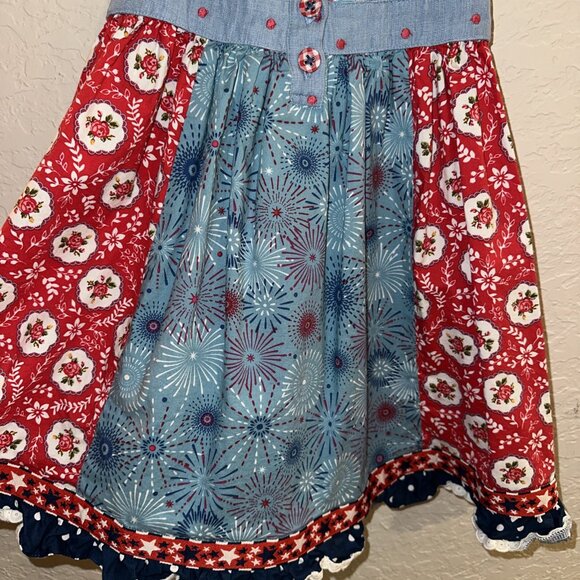 Matilda Jane Girls Jolene Mixed Pattern Dress Size 6 Patriotic America Red Blue - Picture 7 of 8